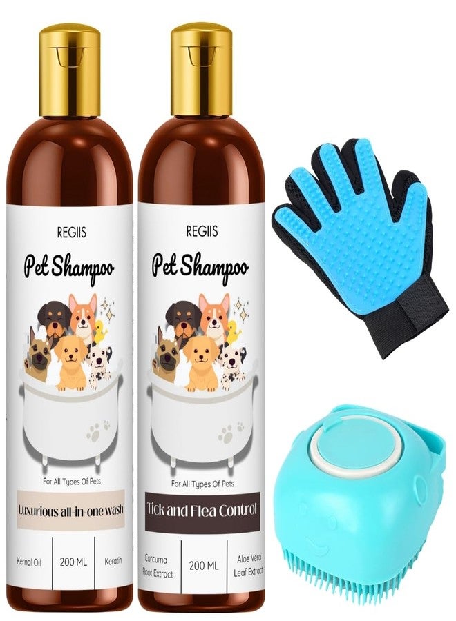Regiis Pet Grooming Set with Shampoo, Tick and Flea Control, Blue Silicone Brush, Grooming Glove, 200ml, for All Types of Pets(PACK OF 4) - Image 1
